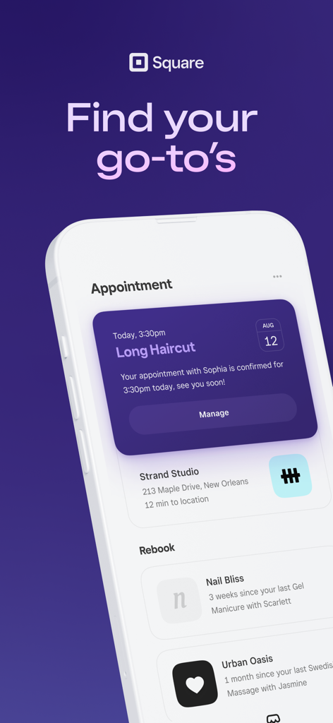 Square Go mobile app interface showing a scheduled haircut appointment and options to rebook local services