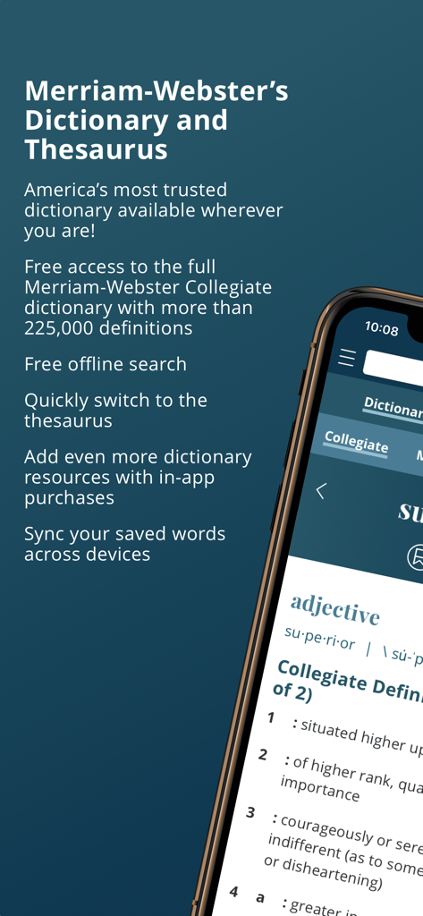Merriam-Webster Dictionary and Thesaurus app interface showing features and a word definition