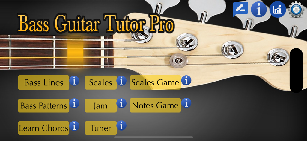 Bass Guitar Tutor Pro - Main menu of the Bass Guitar Tutor Pro app showing options for Bass Lines, Scales, Jam, and Notes Game.