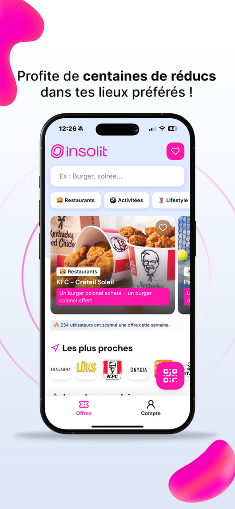 Insolit : app de réduction - Insolit mobile app screen showing restaurant discounts and buy-one-get-one offers for students and young adults