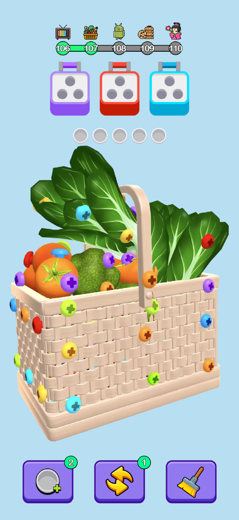 Gameplay screenshot of Screw Guru showing a 3D basket filled with vegetables covered in colorful screws for sorting