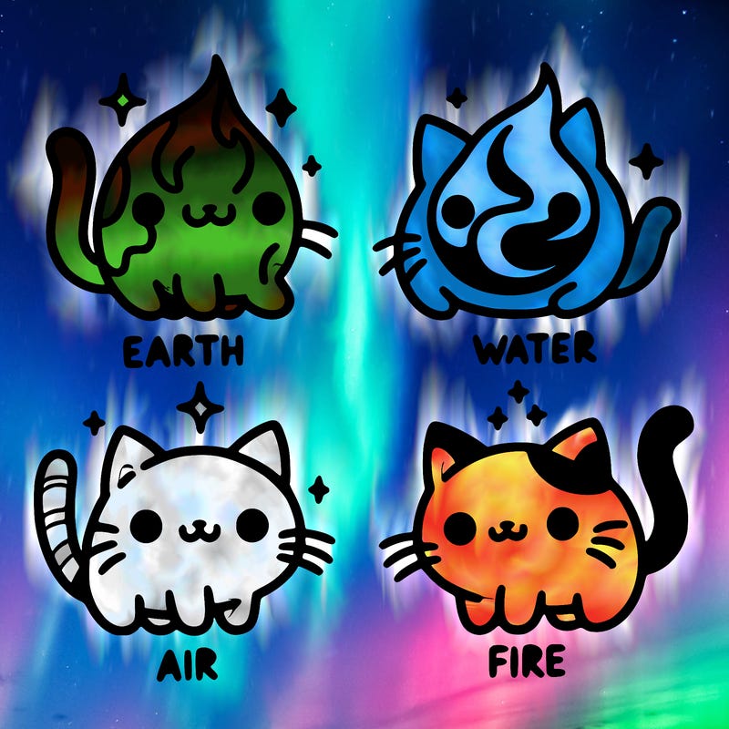 4 cats that represent the different elements, earth, water, air, and fire