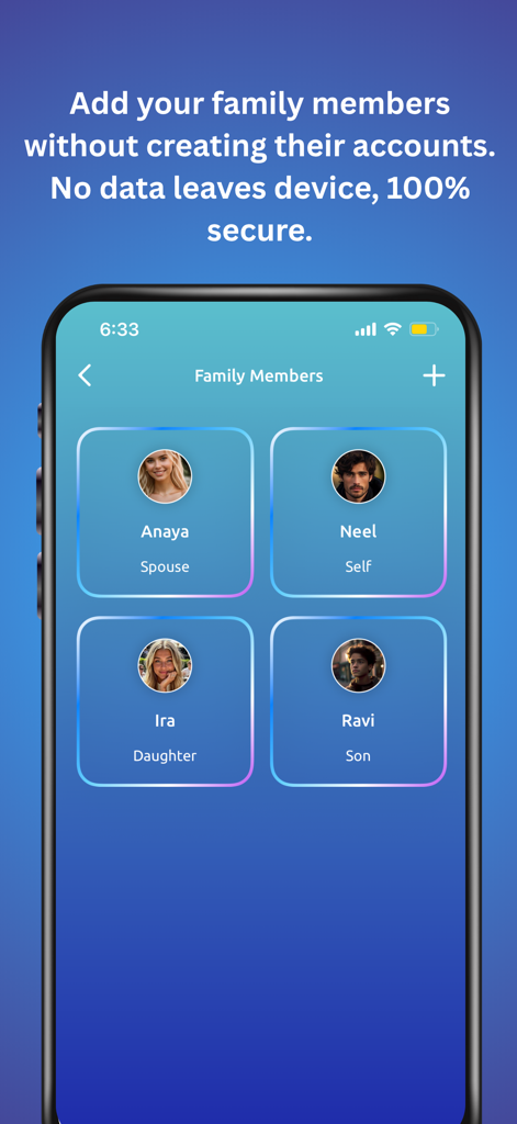 MediTrack - Family Health - Interface de l'application MediTrack affichant plusieurs profils de membres de la famille pour le suivi des dossiers médicaux