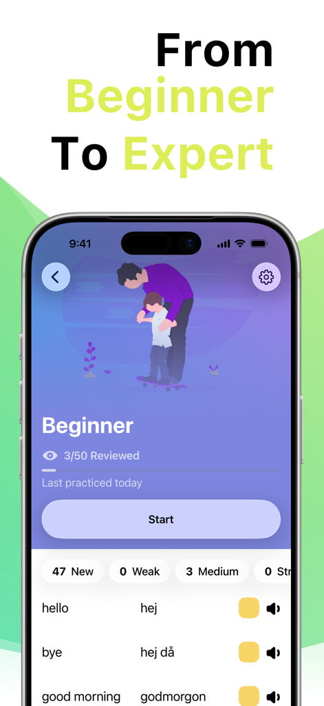 Screenshot dell'app Impara lo svedese con LENGO che mostra il vocabolario di livello principiante come ciao e arrivederci con le traduzioni svedesi
