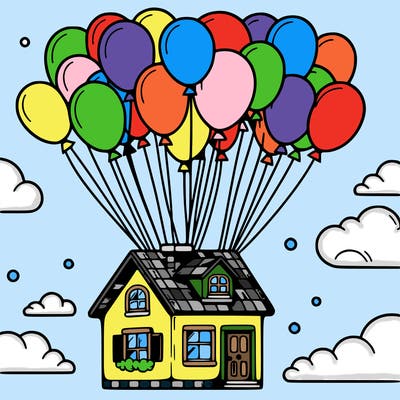 house floating from lots of balloons