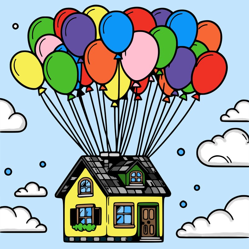 house floating from lots of balloons