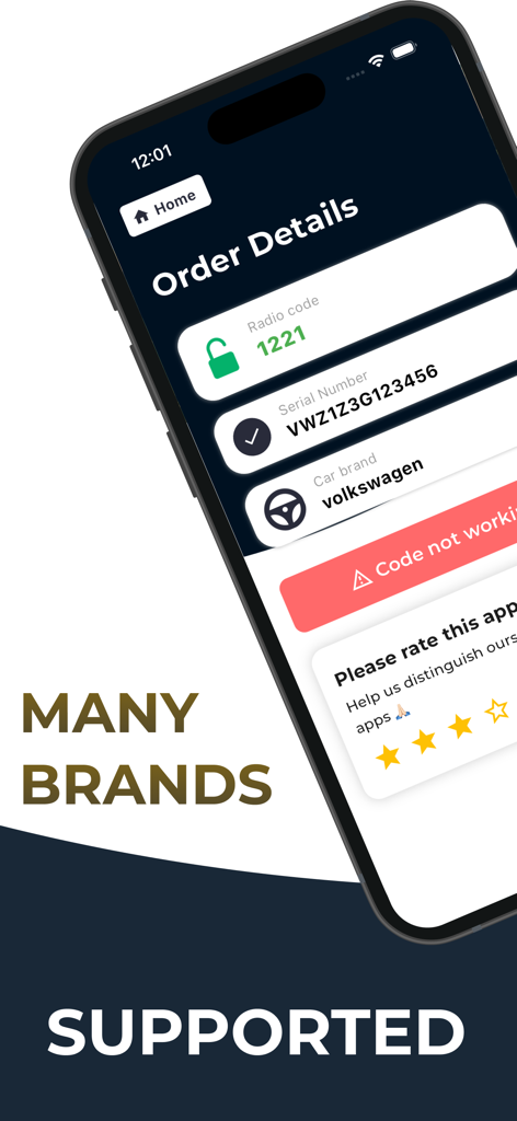 Radio Codes Generator VW - Ein mobiler App-Bildschirm, der den generierten Radio-Code und die Seriennummer für ein Volkswagen-Fahrzeug anzeigt.