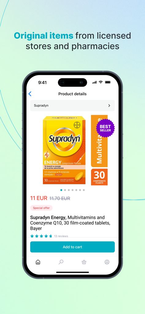 Liki24 — health and beauty - Liki24 mobile app displaying product details for Supradyn Energy vitamins from licensed pharmacies