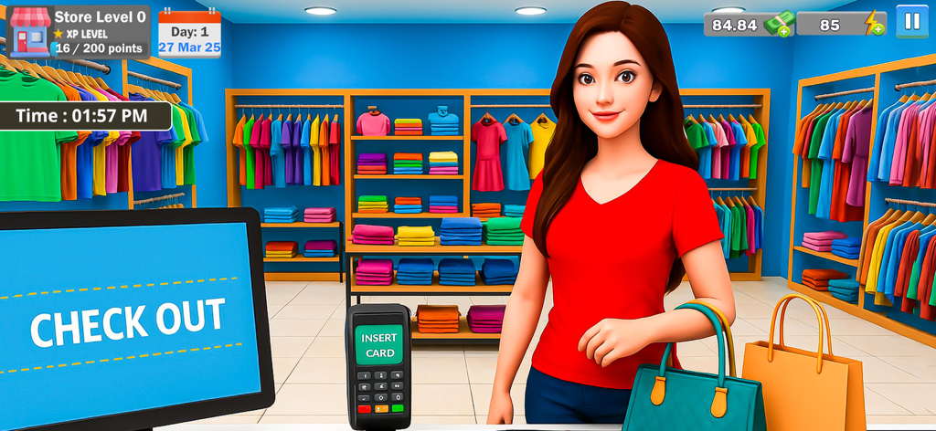 My Garments Shop Wear Sim Game - ファッション管理ゲームで、ショッピングバッグとカード決済機を持った女性客がブティックのレジカウンターに立っている