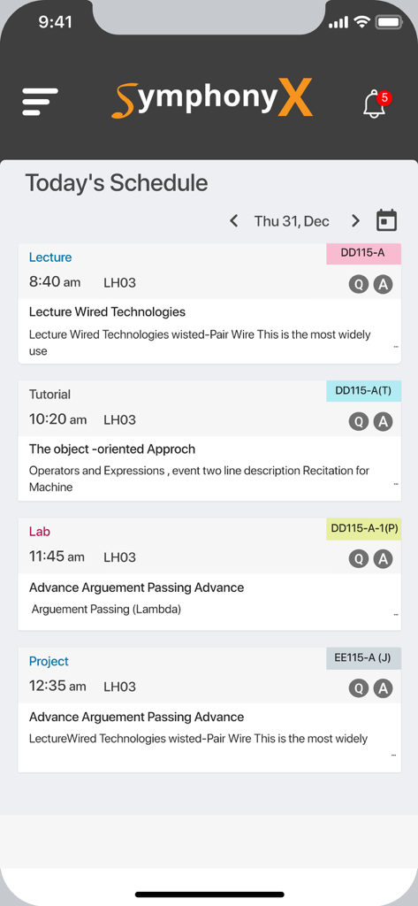 SymphonyX - Interfaz de la aplicación móvil SymphonyX que muestra el horario diario de un estudiante con clases, tutorías y horarios de laboratorio.