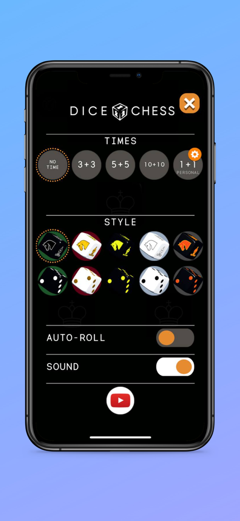 Dice Chess Timer - Settings menu of the Dice Chess Timer app showing various time controls and dice styles