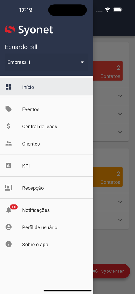 Menu de navegação lateral do aplicativo CRM Syonet exibindo opções para leads, clientes e KPIs.