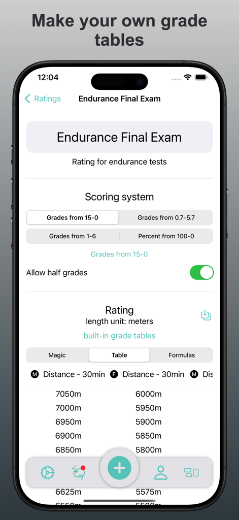 Interfaz para crear tablas de calificación personalizadas para exámenes deportivos en la aplicación Sports Rating Tracker.
