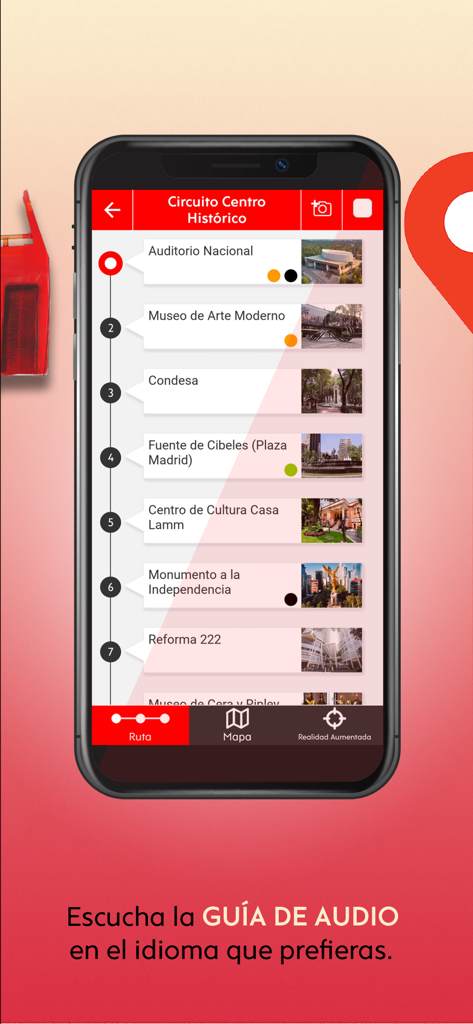 Turibus - Turibus app screen showing a list of sightseeing stops for the historic center route and audio guide details.