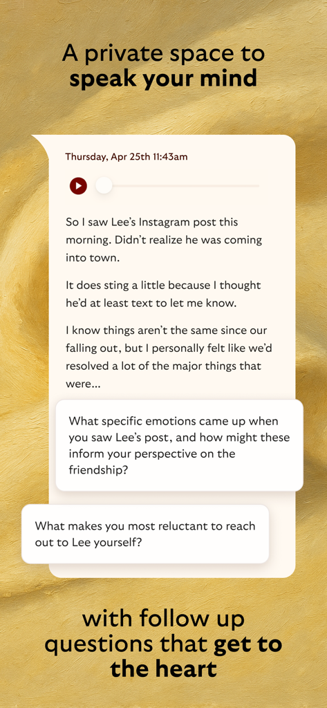 Untold app interface displaying a voice journal entry and AI generated reflective questions