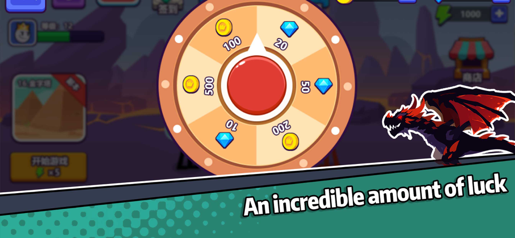 Lucky spin wheel in Idle Battle Warriors game showing coin and gem rewards and a red dragon
