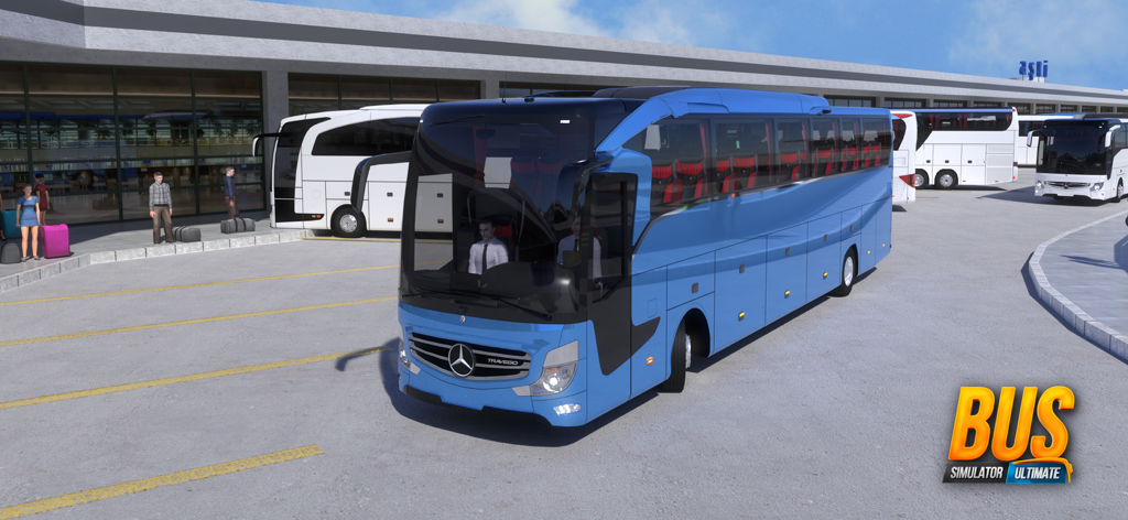 A blue Mercedes-Benz coach bus parked at a terminal in the Bus Simulator Ultimate game
