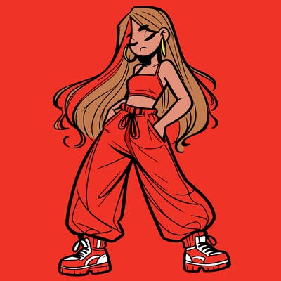 girl in baggy pants crop top and long hair