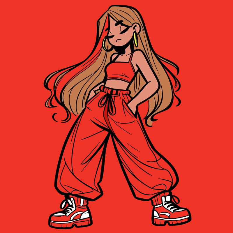 girl in baggy pants crop top and long hair
