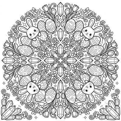 Dive into the festive spirit with this enchanting Easter coloring page, featuring a dazzling kaleidoscope of sparkling gems and charming Easter bunnies. It's the perfect blend of intricate patterns and holiday cheer, ready for your creative touch.