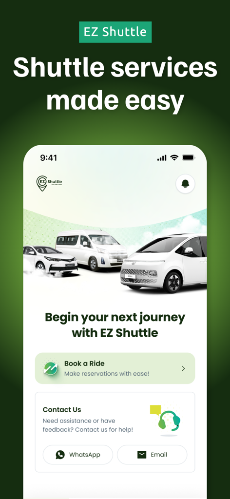 EZ Shuttle mobile App Startbildschirm mit Shuttle-Buchung und Kontaktoptionen