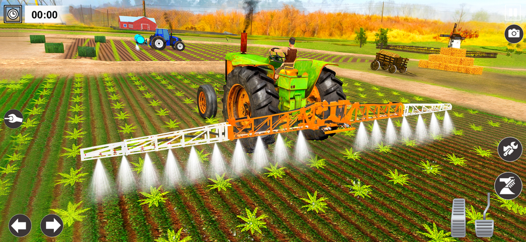 Un tractor verde rociando cultivos en un campo de granja en un juego simulador