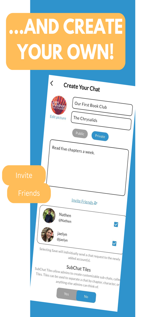 BookBase - Mobile screen interface for creating a new virtual book club chat and inviting friends in the BookBase app.