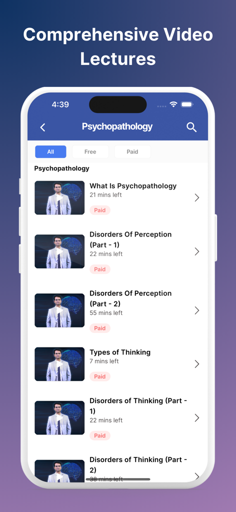 Conceptual Psych - Conceptual Psych app screen displaying a list of psychopathology video lectures