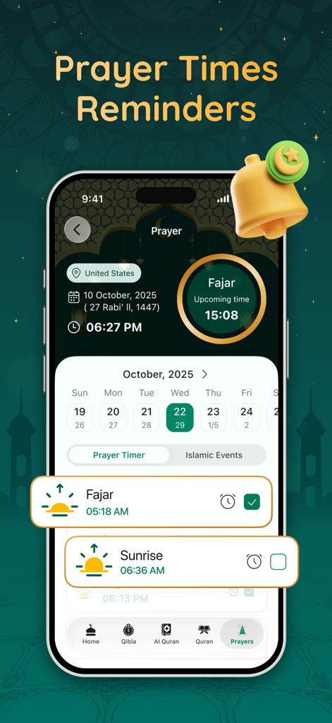 Smartphone screen displaying daily prayer times and Azan notifications in the United States