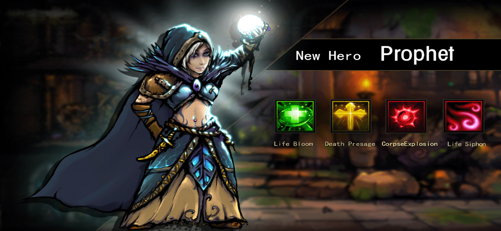 Dungeon Survival - Dungeon Survival game screen showcasing the new Prophet hero class and her four unique skills