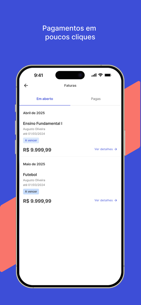 Meu Arco - Meu Arco App-Bildschirm mit offenen Schulrechnungen und Zahlungsstatus.