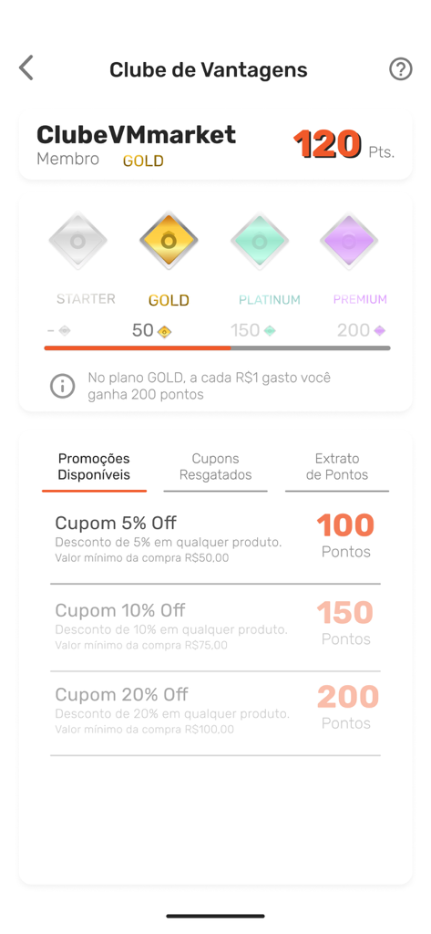 Peggô Market - Peggô Market app rewards club interface showing gold membership level and available discount coupons for points