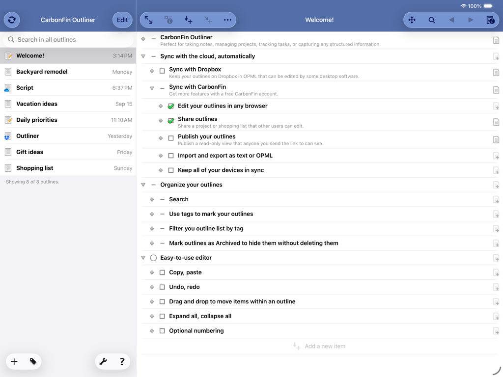 Outliner for iPad - Oberfläche der Outliner für iPad-App, die eine strukturierte hierarchische Liste für Projektplanung und Notizen zeigt