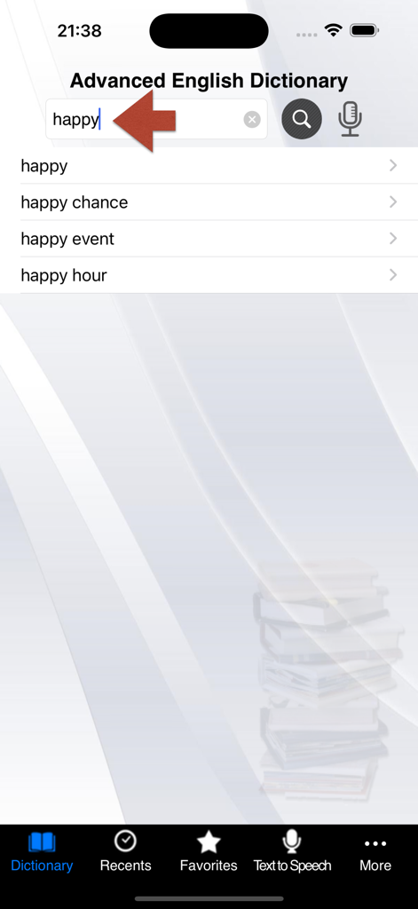 Advanced English Dictionary app search screen showing word suggestions for happy