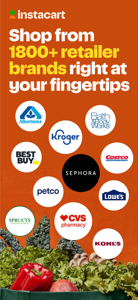 Instacart: Groceries & Food - Instacart promotional graphic showing various partner retailer logos like Costco and CVS