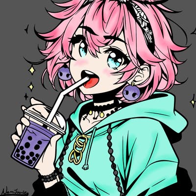 hot baddie anime girl drinking boba and biting the straw