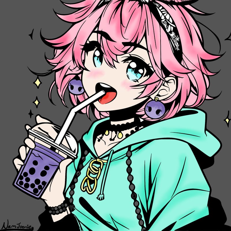 hot baddie anime girl drinking boba and biting the straw