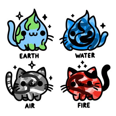 4 cats that represent the different elements, earth, water, air, and fire