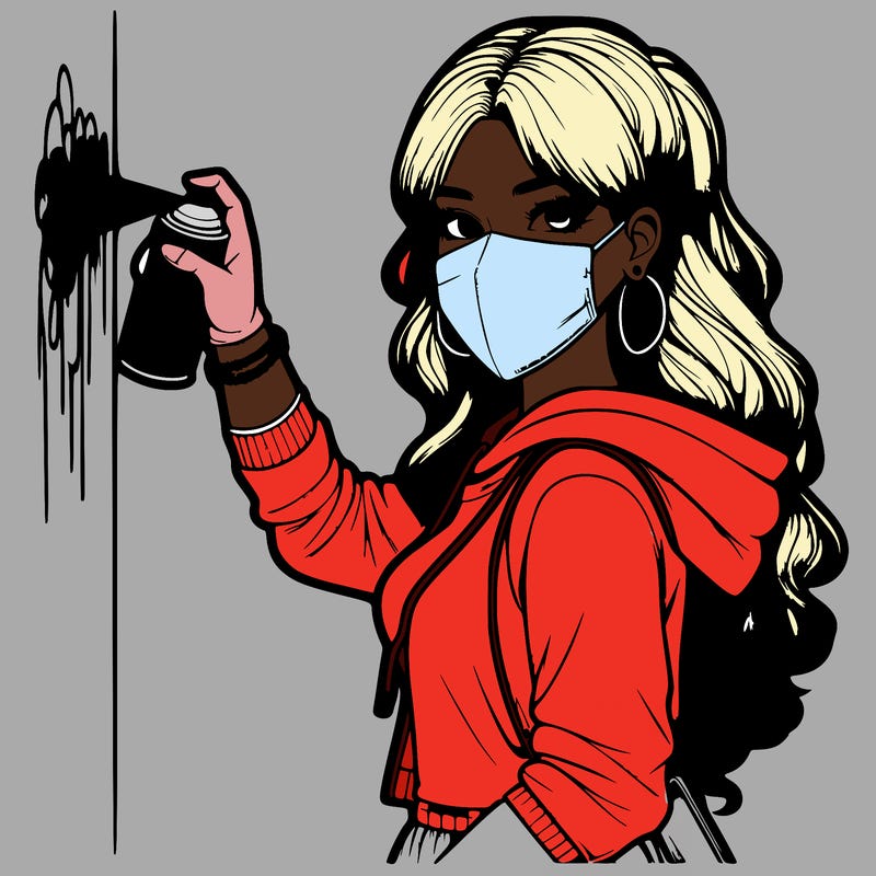 realistic girl with mask spray painting a wall