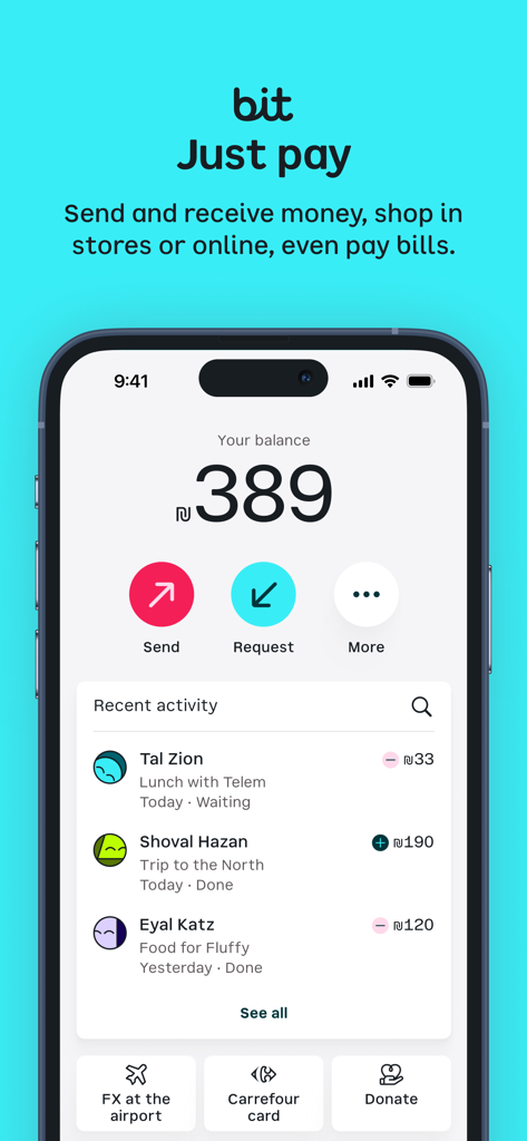 bit ביט - Schermata dell'app mobile che mostra l'interfaccia dell'app di pagamento bit con saldo e transazioni recenti