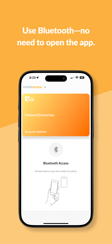PDK Access by ProdataKey - Pantalla de la aplicación PDK Access mostrando una credencial móvil Bluetooth para entrada sin llave