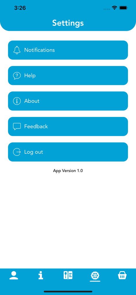 The settings screen of the Purple Flamez app displaying options for notifications, help, about, feedback, and log out.