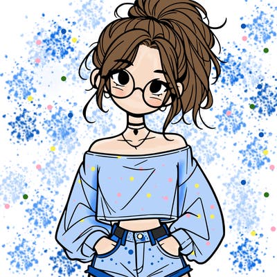 girl with a messy ponytail glasses a baggy crop top and jean shorts