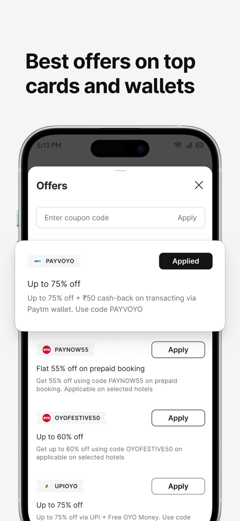 OYO: Hotel Booking App & Deals - OYOアプリの画面。さまざまなホテルの予約割引コードとウォレット決済のオファーが表示されています。