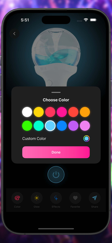 Idol Light Stick Kpop Creator - Eine mobile Oberfläche, die eine Farbauswahl zur Anpassung des Leuchtens eines virtuellen Kpop-Leuchtstabs zeigt.