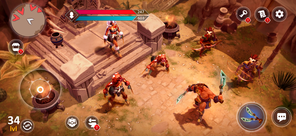 Exile: Wasteland Survival RPG - A top down view of a warrior with dual blades facing tribal enemies in a desert wasteland environment