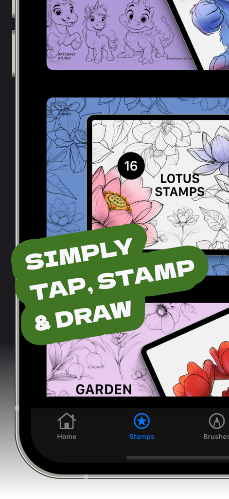 Stamps for Procreate - Mobile app interface showing lotus and garden flower stamp packs for digital illustration in Procreate