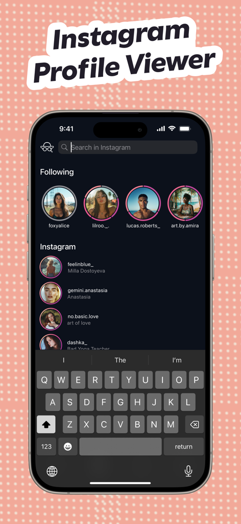 Blindstory app interface showing the search feature for viewing Instagram profiles anonymously