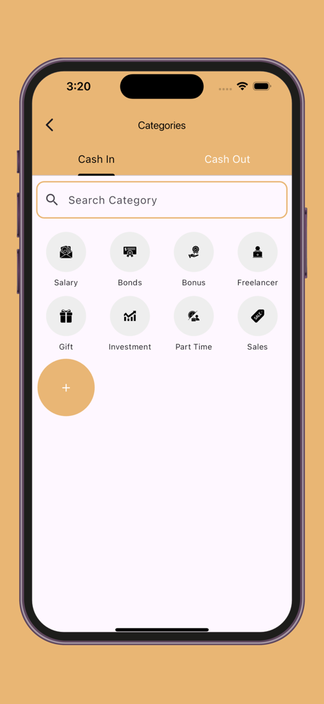 My Expense Manager and Tracker - A mobile app screen showing income categories like Salary Bonus and Freelancer for tracking cash in