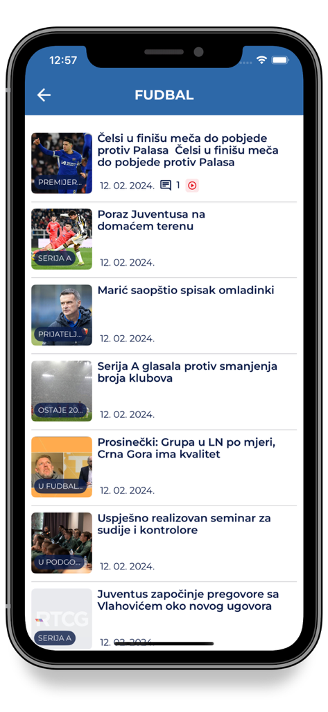 RTCG - Football news section of the RTCG mobile app displaying sports headlines and articles